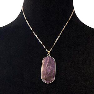 Natural Quartz Amythest Pendant Necklace Purple Gold Tone Adjustable Length